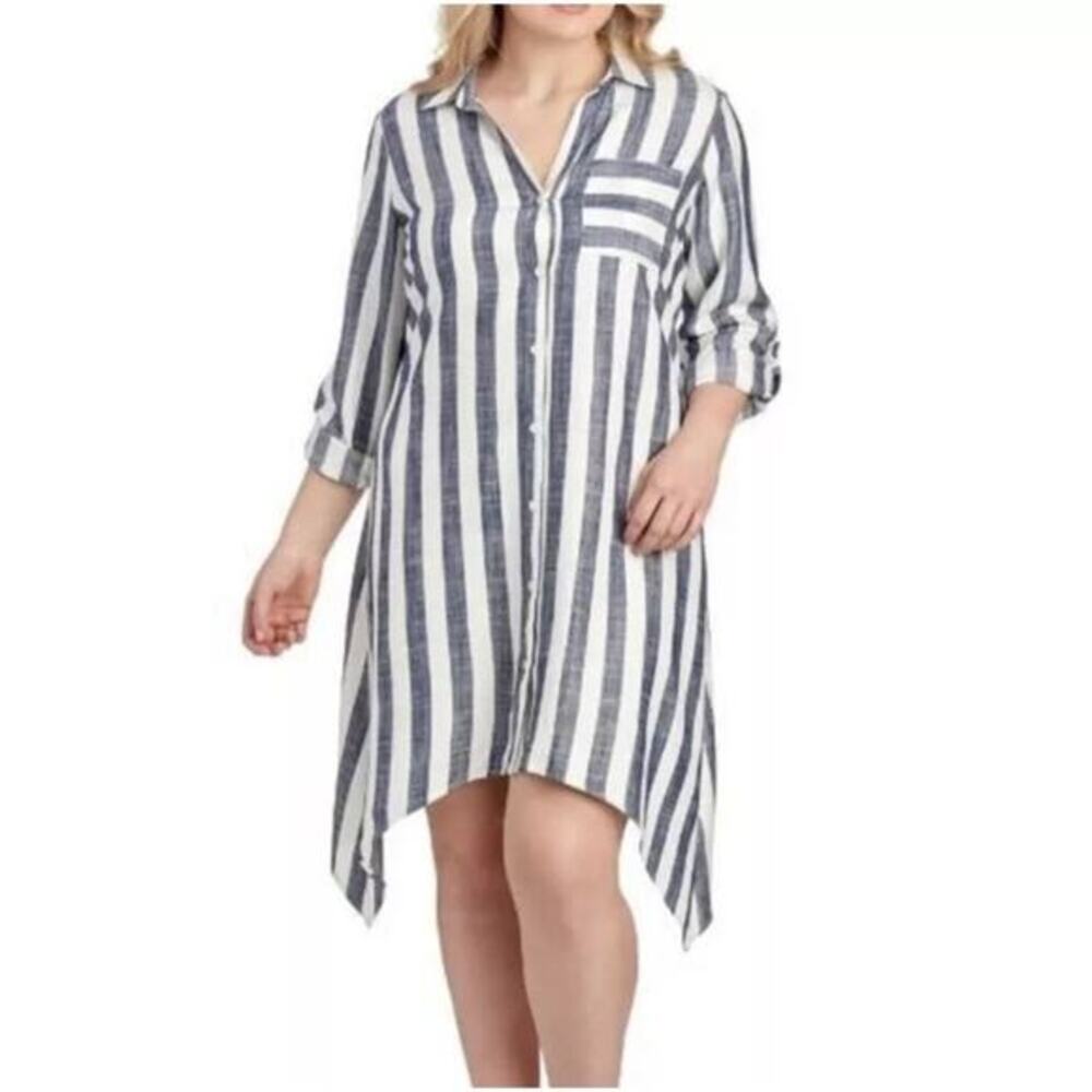 Sharagano Long Sleeve Striped Handkerchief Hem Shirt Dress Navy 18W